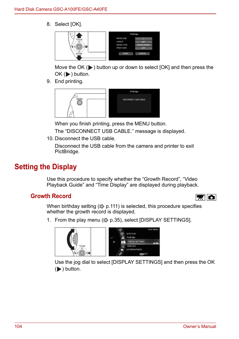 Setting the display, P.104), Growth record | Toshiba Gigashot A Series User Manual | Page 126 / 184