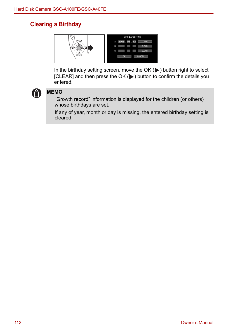 Clearing a birthday | Toshiba Gigashot A Series User Manual | Page 134 / 184