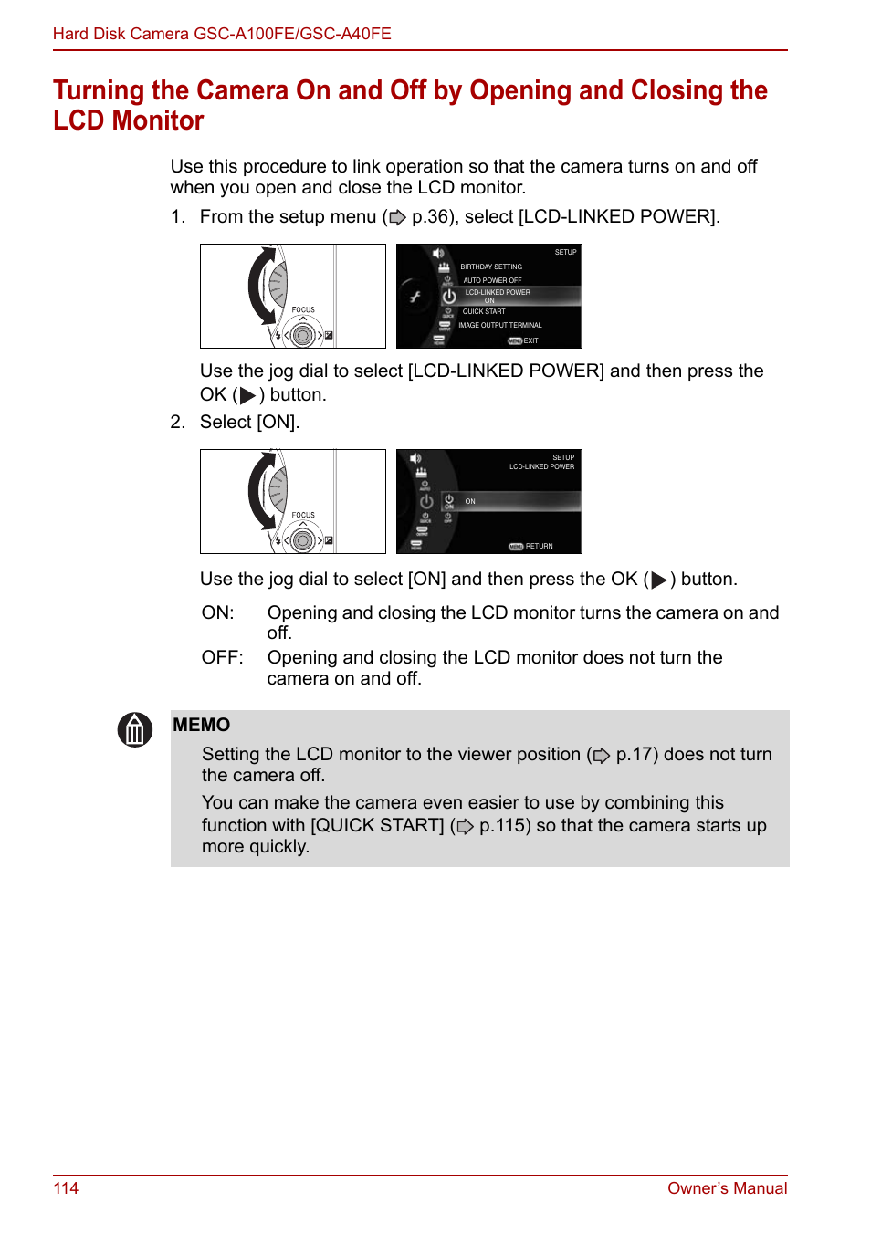 Turning the camera on and off by opening and, Closing the lcd monitor, P.114) | Toshiba Gigashot A Series User Manual | Page 136 / 184