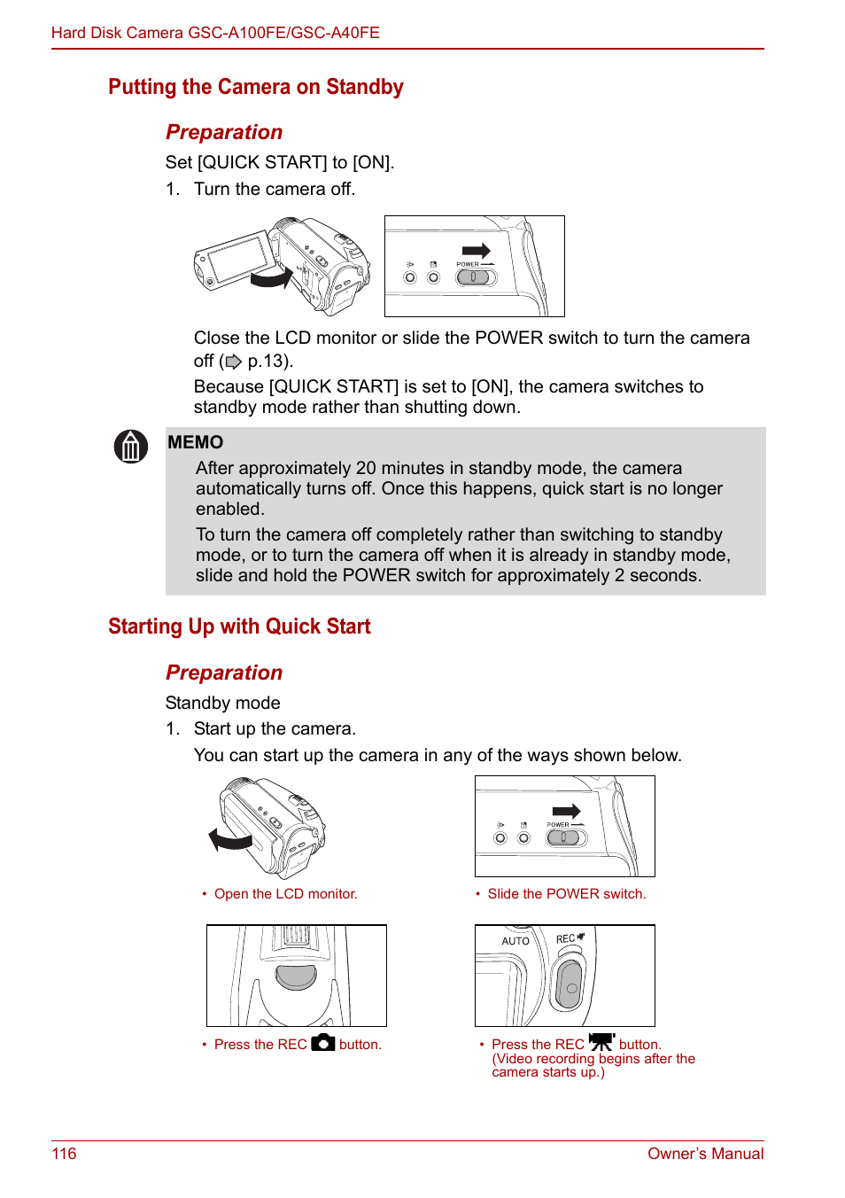 Putting the camera on standby, Starting up with quick start, Preparation | Toshiba Gigashot A Series User Manual | Page 138 / 184