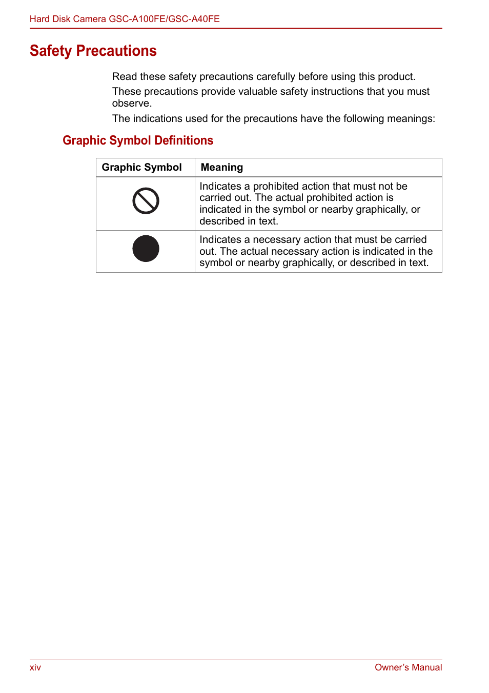 Safety precautions, Graphic symbol definitions | Toshiba Gigashot A Series User Manual | Page 14 / 184