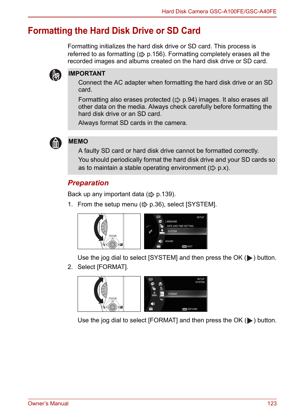 Formatting the hard disk drive or sd card, Preparation | Toshiba Gigashot A Series User Manual | Page 145 / 184