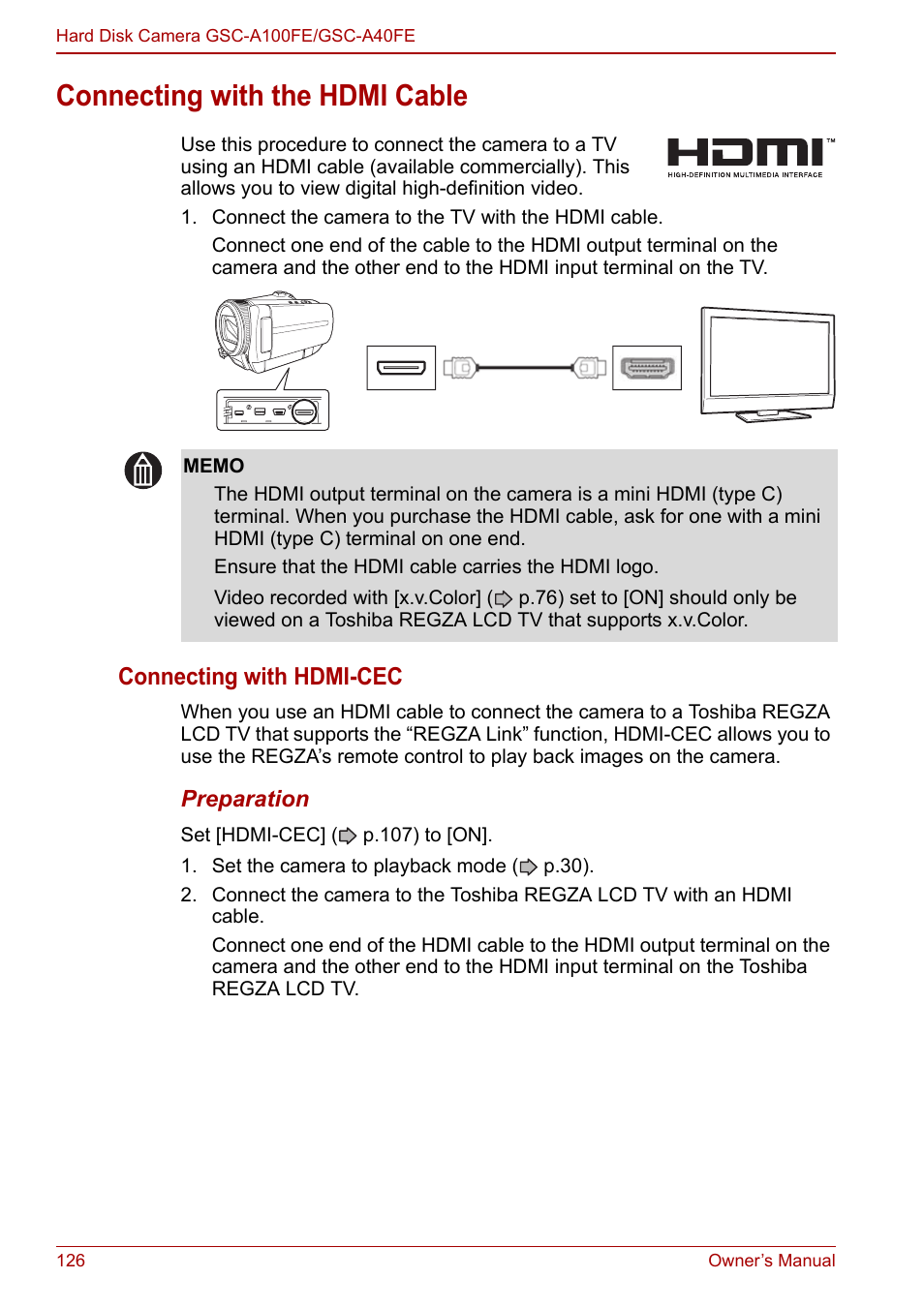 Connecting with the hdmi cable, Connecting with hdmi-cec | Toshiba Gigashot A Series User Manual | Page 148 / 184
