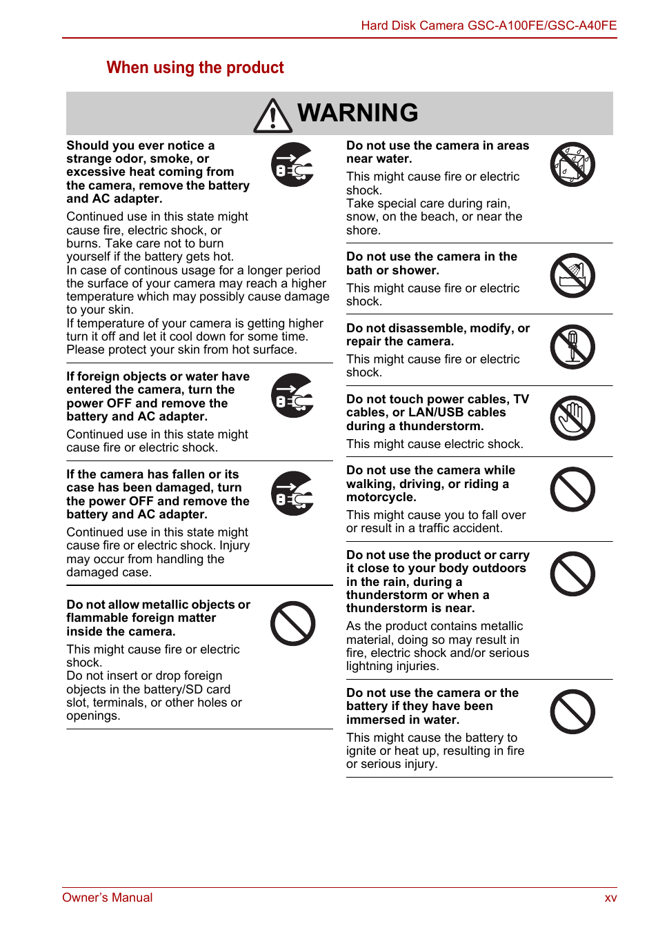 Warning, When using the product | Toshiba Gigashot A Series User Manual | Page 15 / 184