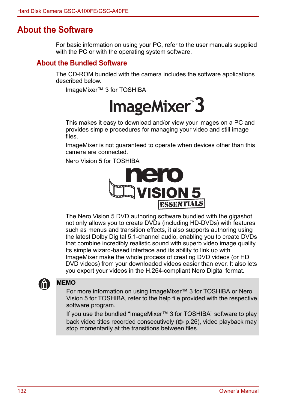 About the software, P.132), About the bundled software | Toshiba Gigashot A Series User Manual | Page 154 / 184