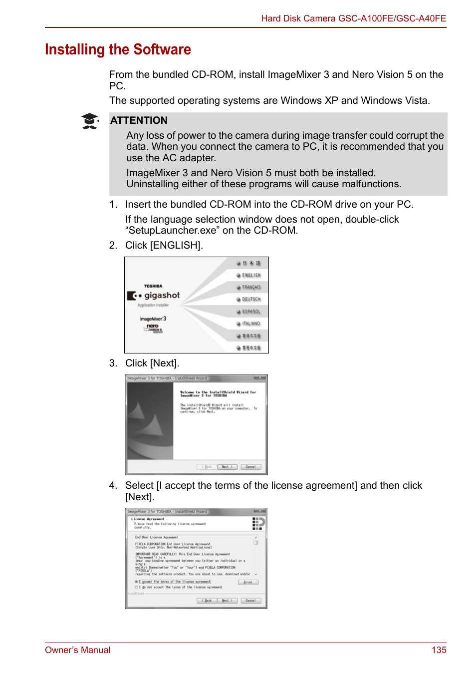 Installing the software | Toshiba Gigashot A Series User Manual | Page 157 / 184