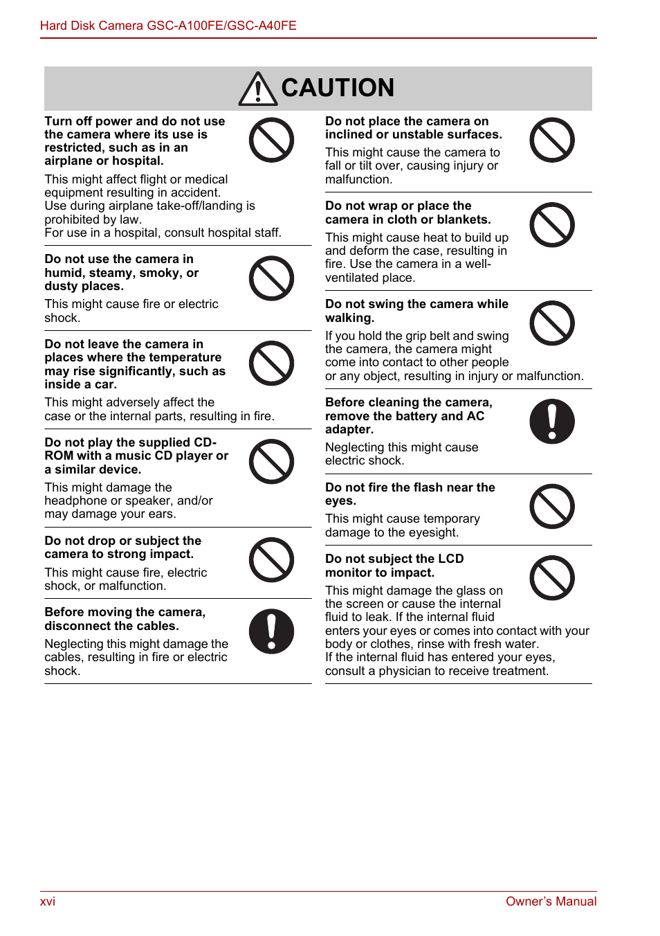 Caution | Toshiba Gigashot A Series User Manual | Page 16 / 184