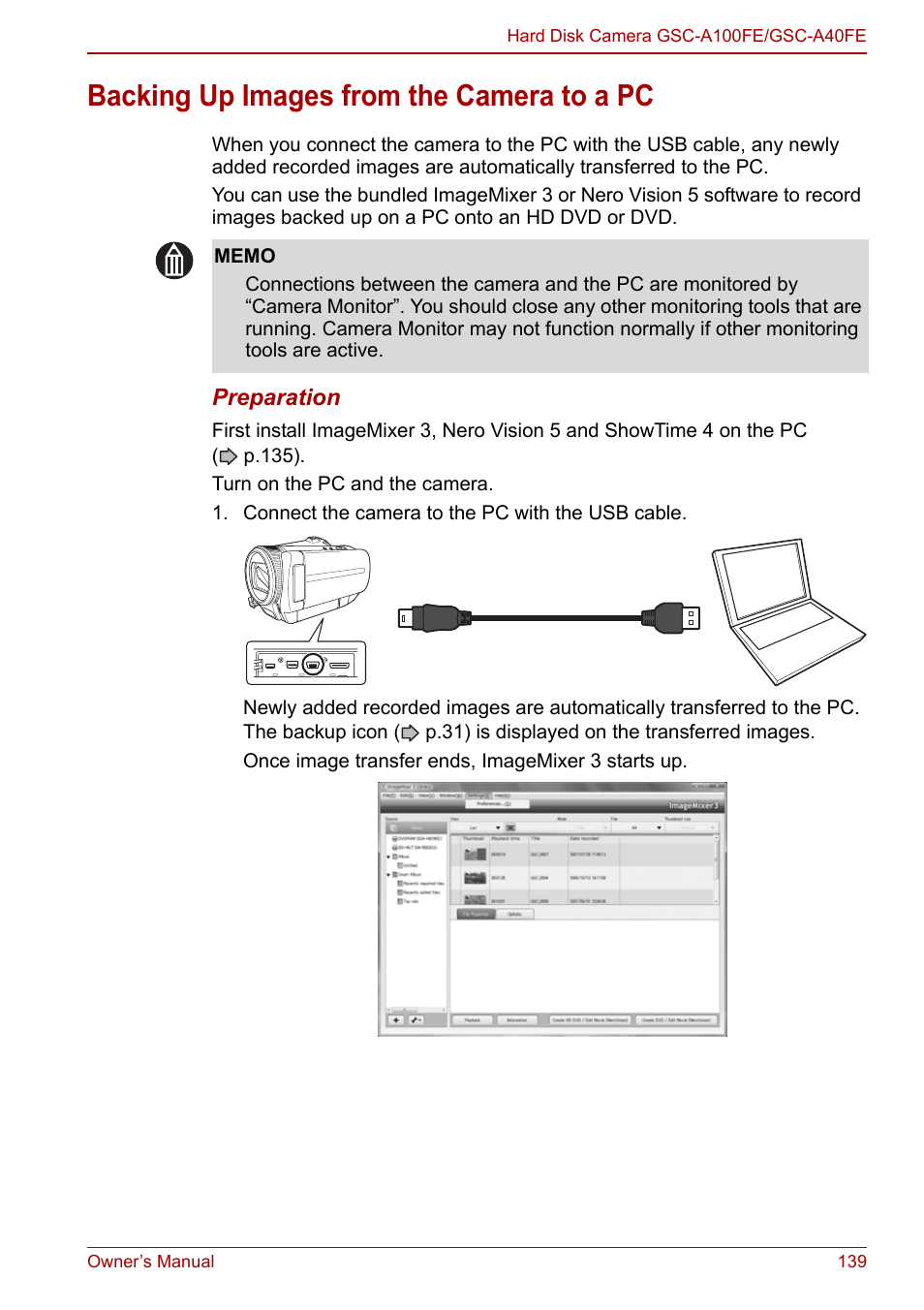 Backing up images from the camera to a pc, P.139), P.139), th | Toshiba Gigashot A Series User Manual | Page 161 / 184