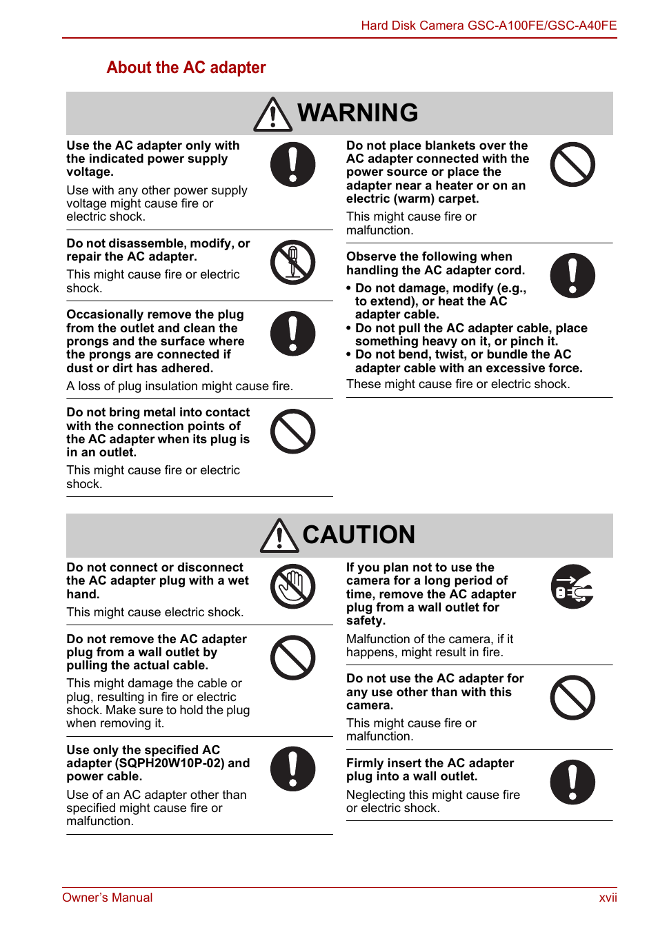 Warning, Caution, About the ac adapter | Toshiba Gigashot A Series User Manual | Page 17 / 184