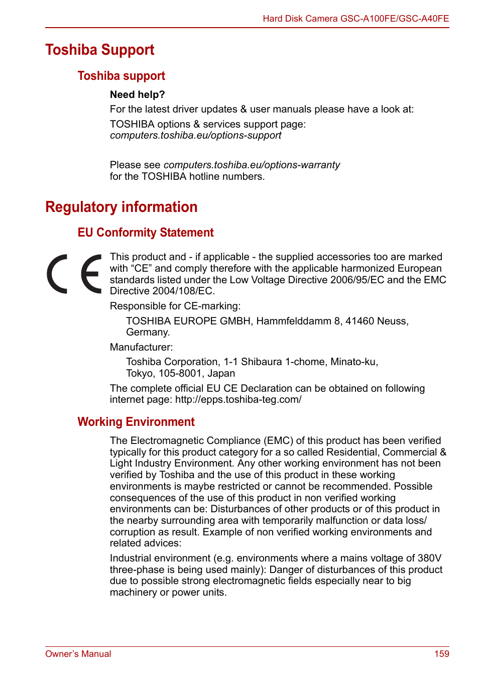 Toshiba support, Regulatory information, Toshiba support regulatory information | Toshiba Gigashot A Series User Manual | Page 181 / 184