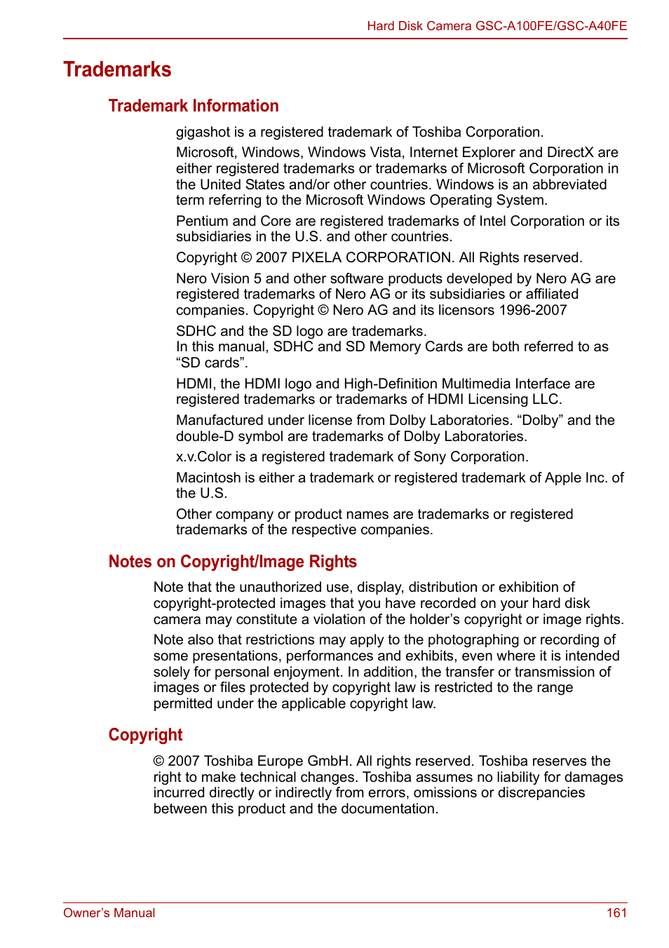 Trademarks, Trademark information, Copyright | Toshiba Gigashot A Series User Manual | Page 183 / 184