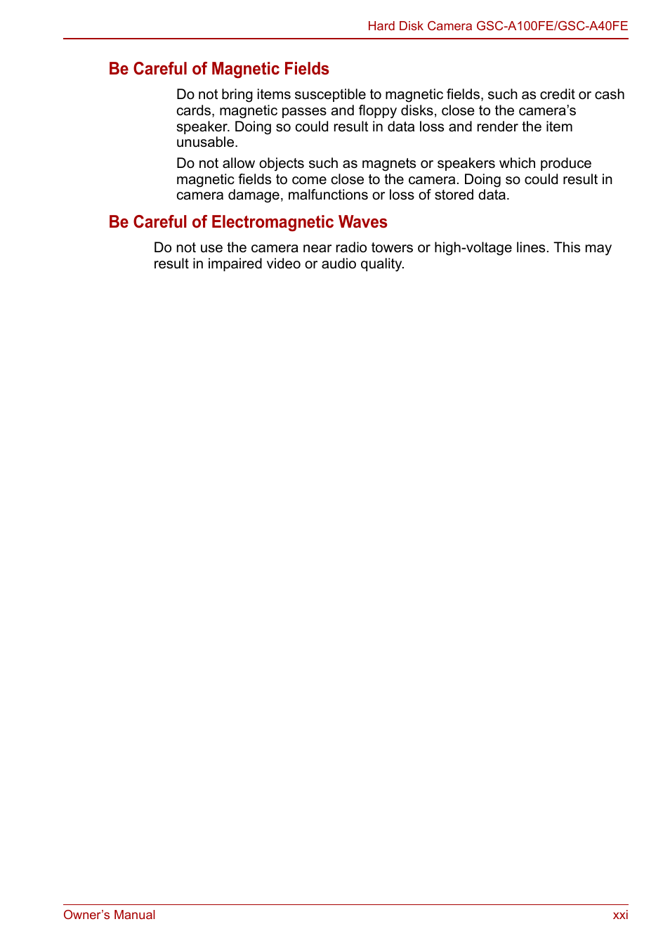 Be careful of magnetic fields, Be careful of electromagnetic waves | Toshiba Gigashot A Series User Manual | Page 21 / 184