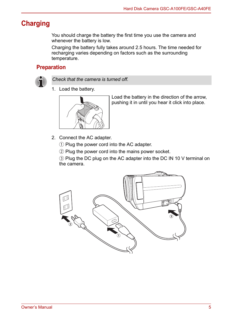 Charging, Preparation | Toshiba Gigashot A Series User Manual | Page 27 / 184