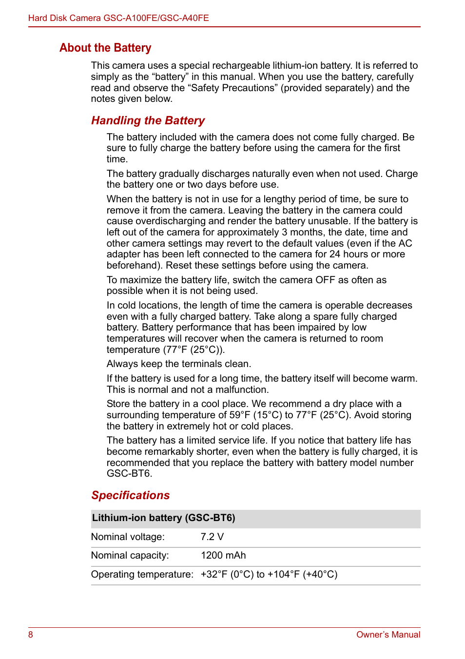 About the battery | Toshiba Gigashot A Series User Manual | Page 30 / 184