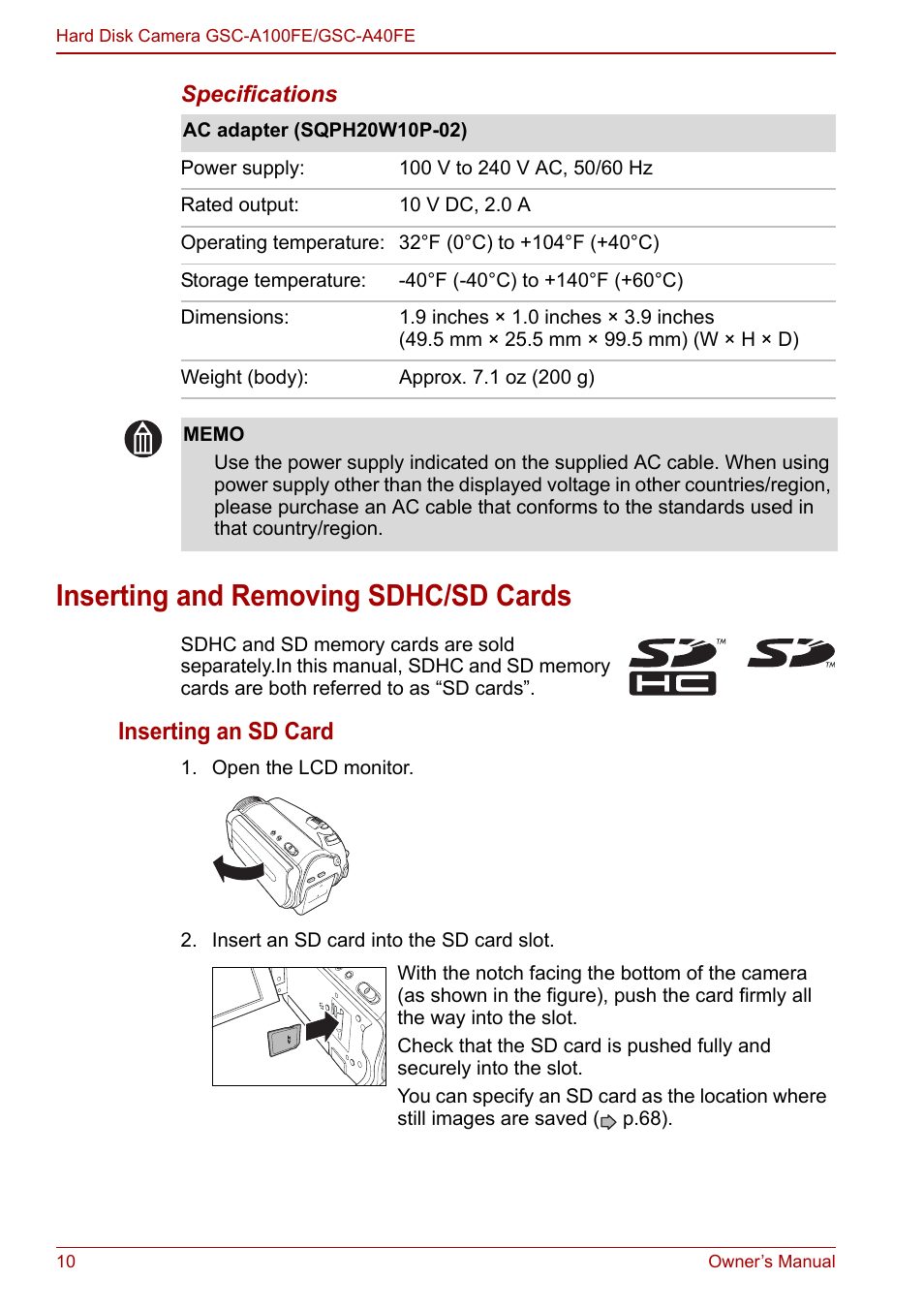 Inserting and removing sdhc/sd cards, P.10, Inserting an sd card | Toshiba Gigashot A Series User Manual | Page 32 / 184