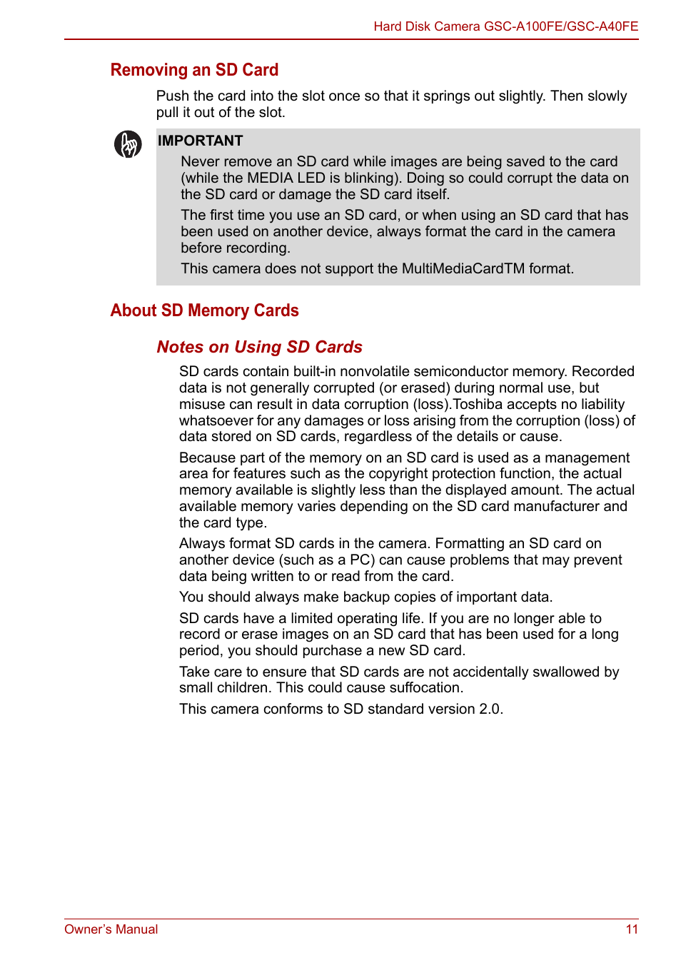 Removing an sd card | Toshiba Gigashot A Series User Manual | Page 33 / 184