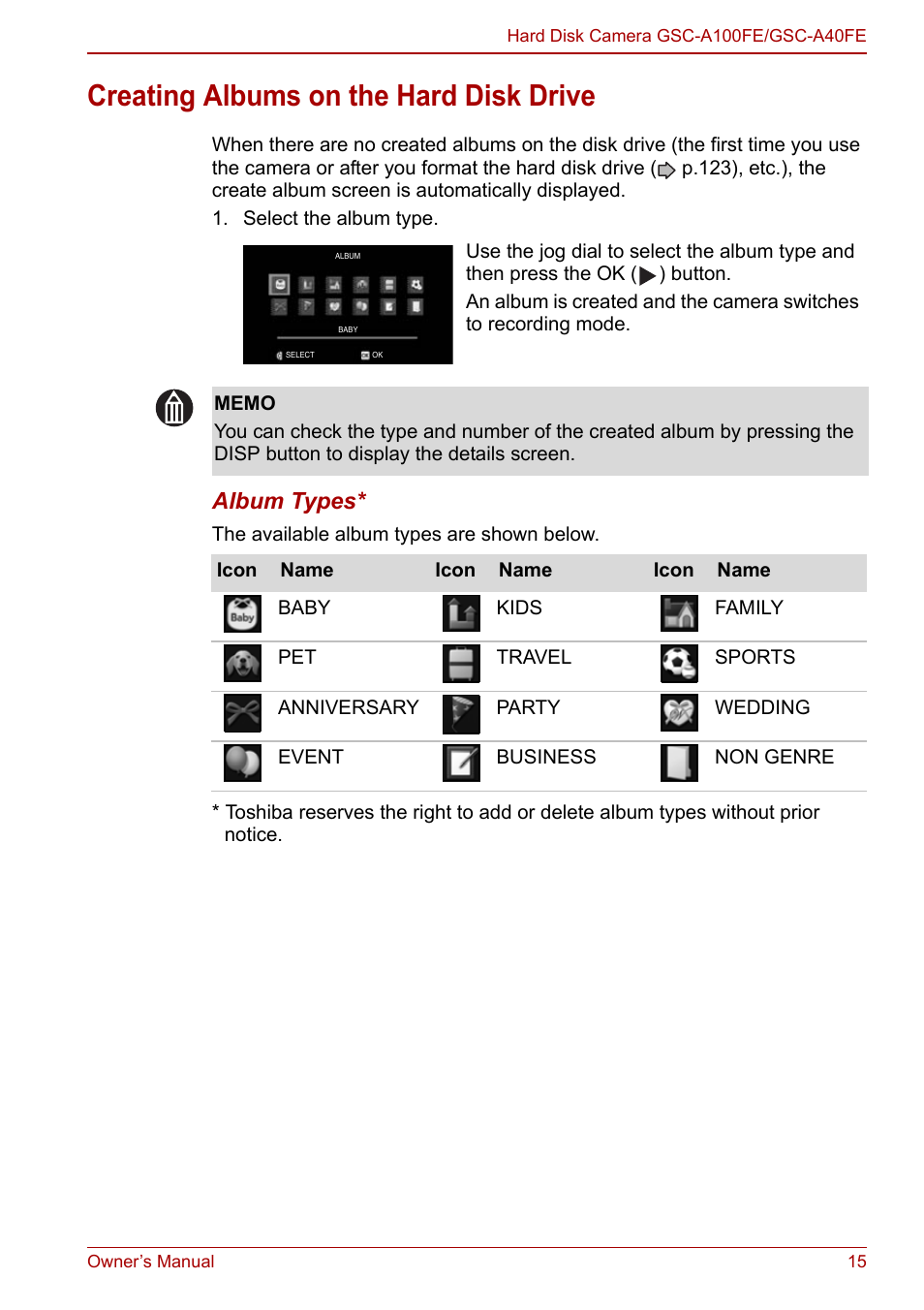 Creating albums on the hard disk drive, Album types | Toshiba Gigashot A Series User Manual | Page 37 / 184