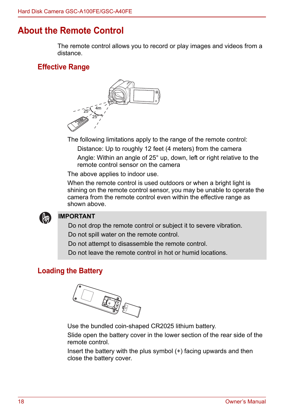 About the remote control, P.18), Effective range | Loading the battery | Toshiba Gigashot A Series User Manual | Page 40 / 184