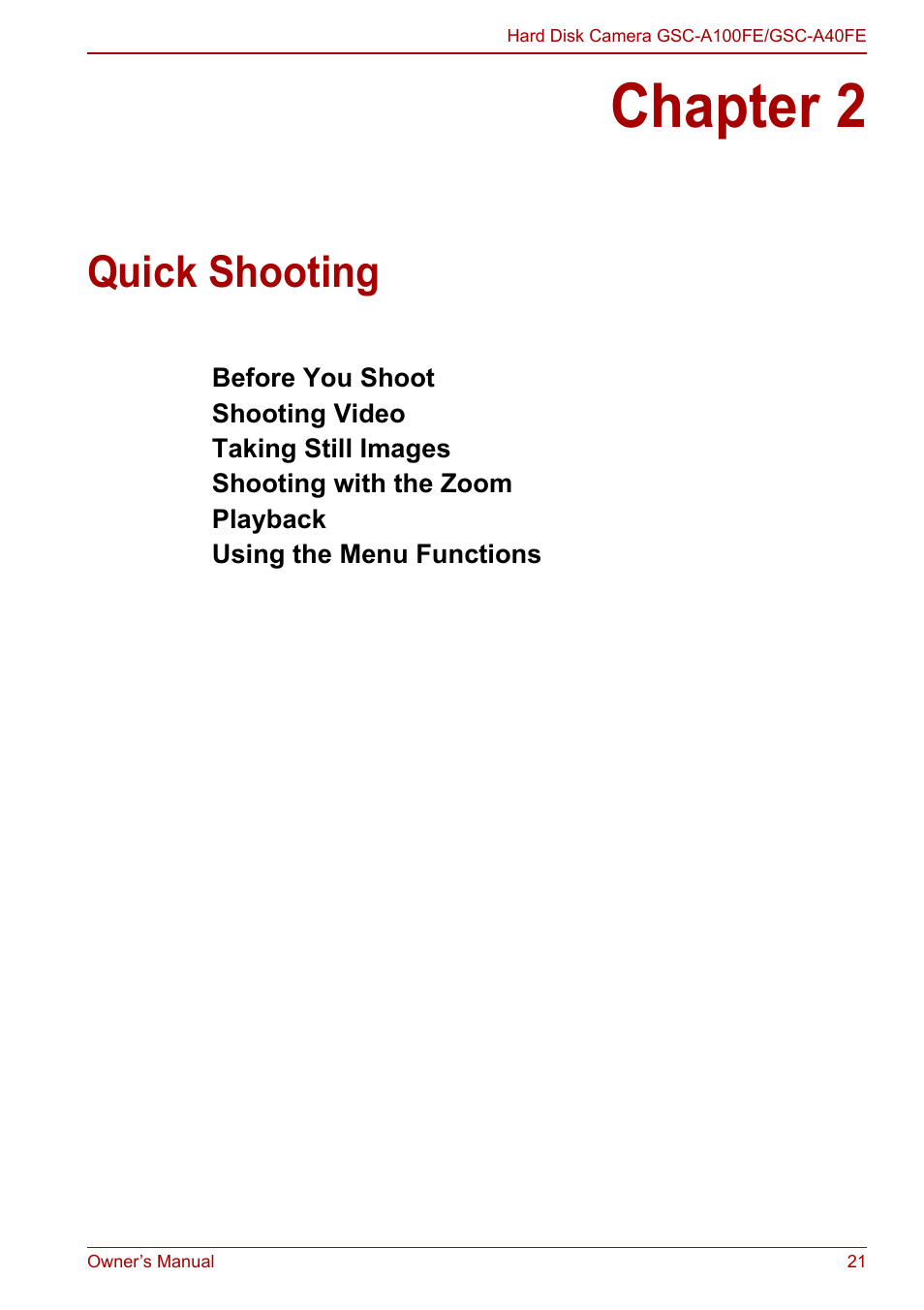 Chapter 2 - quick shooting, Chapter 2, Quick shooting | Toshiba Gigashot A Series User Manual | Page 43 / 184