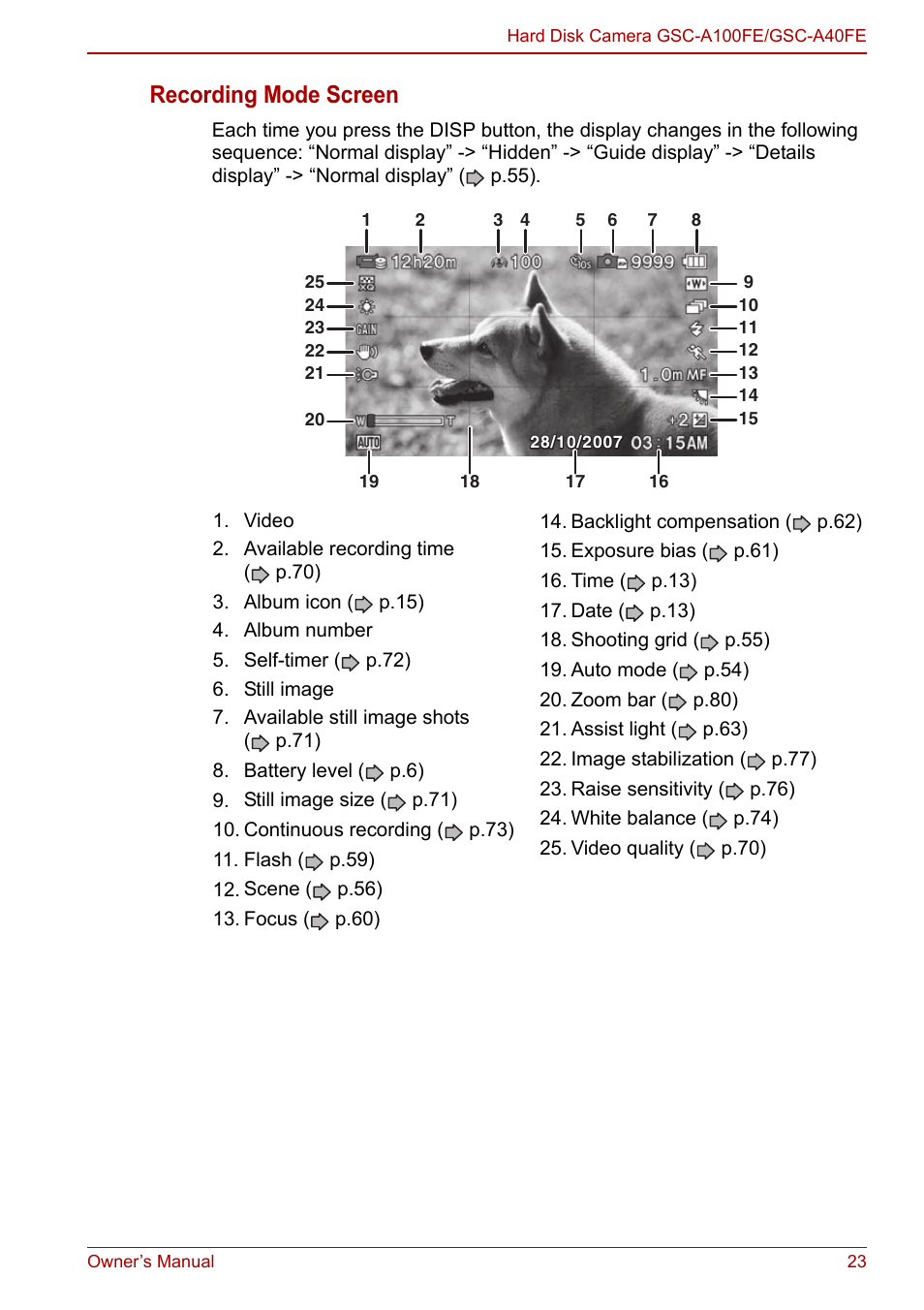 Recording mode screen | Toshiba Gigashot A Series User Manual | Page 45 / 184