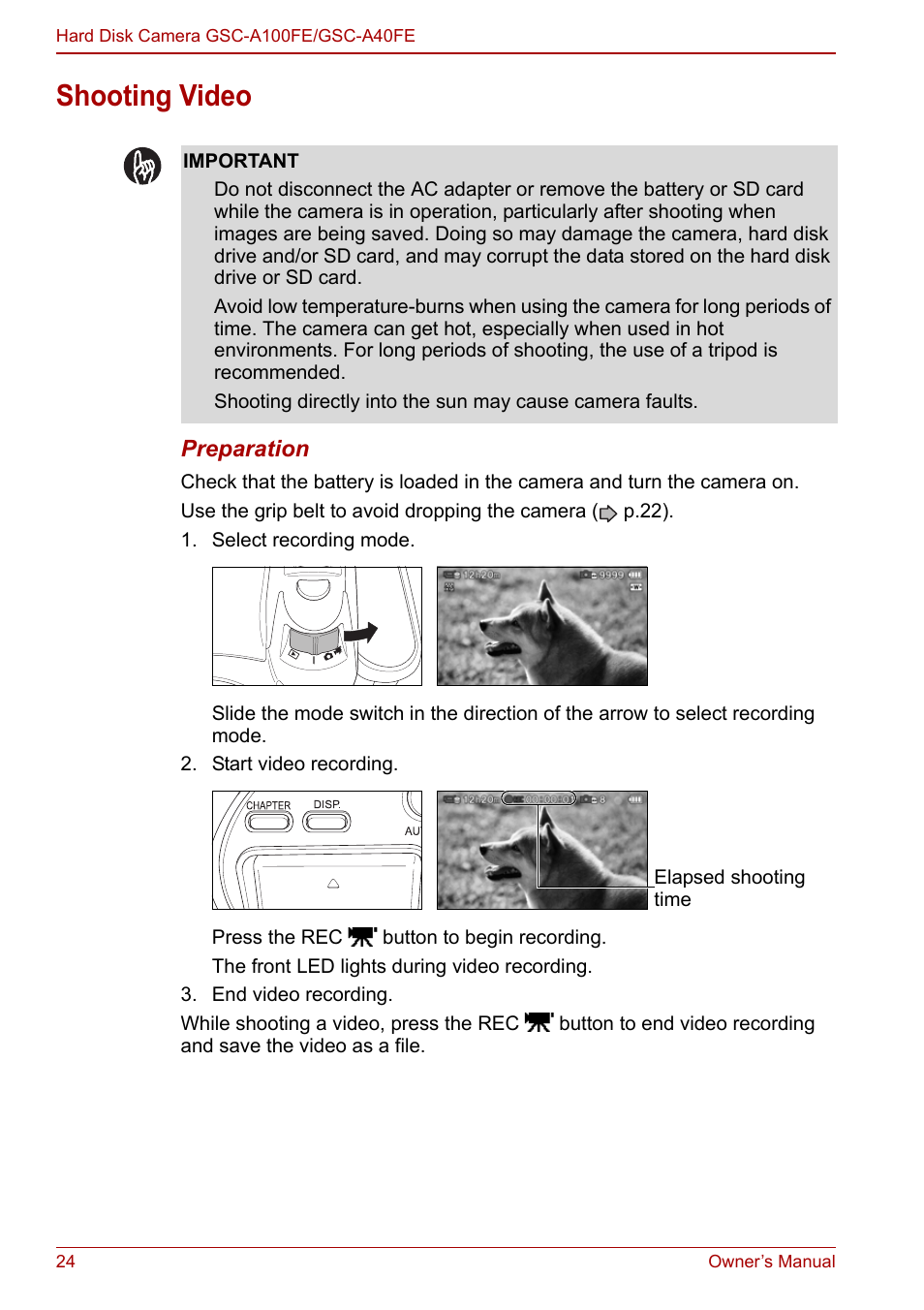Shooting video, P.24, 30, P.24) | Toshiba Gigashot A Series User Manual | Page 46 / 184