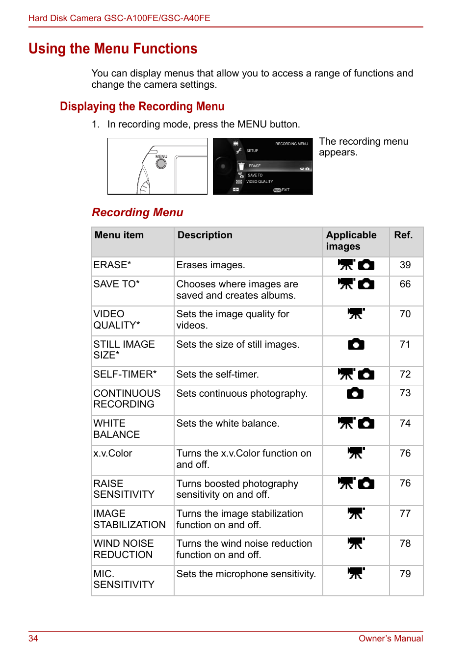 Using the menu functions, P.34, Displaying the recording menu | Recording menu | Toshiba Gigashot A Series User Manual | Page 56 / 184