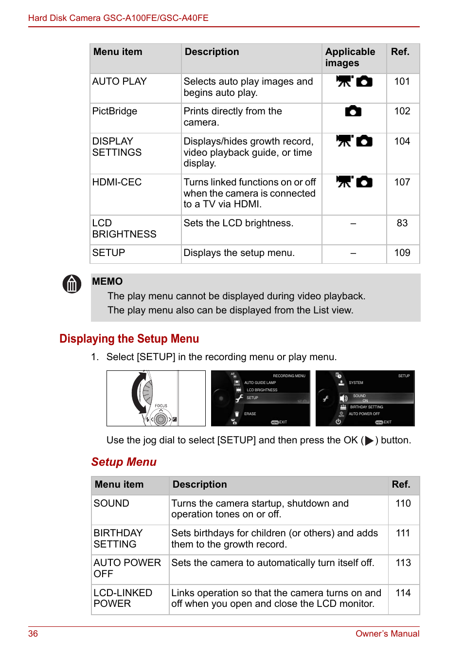 Displaying the setup menu, Setup menu | Toshiba Gigashot A Series User Manual | Page 58 / 184
