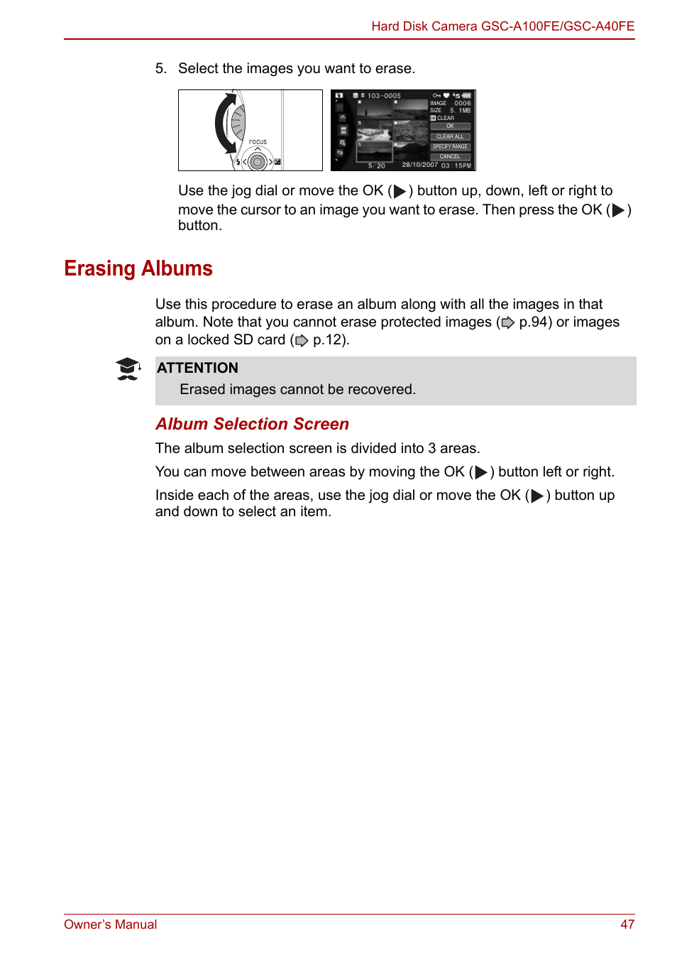 Erasing albums, Album selection screen, Attention erased images cannot be recovered | Toshiba Gigashot A Series User Manual | Page 69 / 184