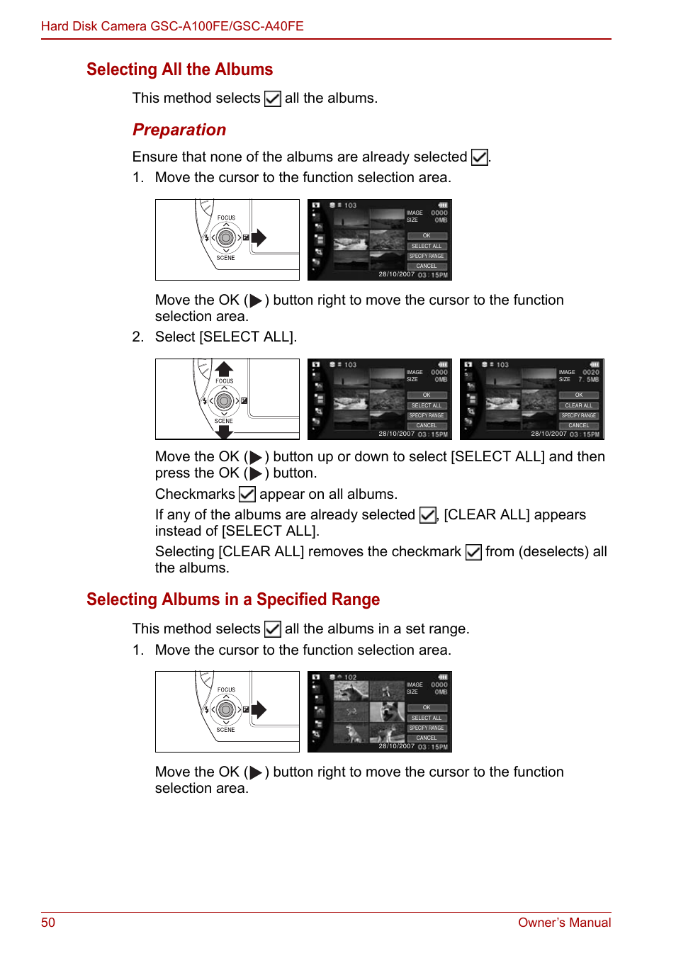 Selecting all the albums, Selecting albums in a specified range, Preparation | This method selects all the albums | Toshiba Gigashot A Series User Manual | Page 72 / 184