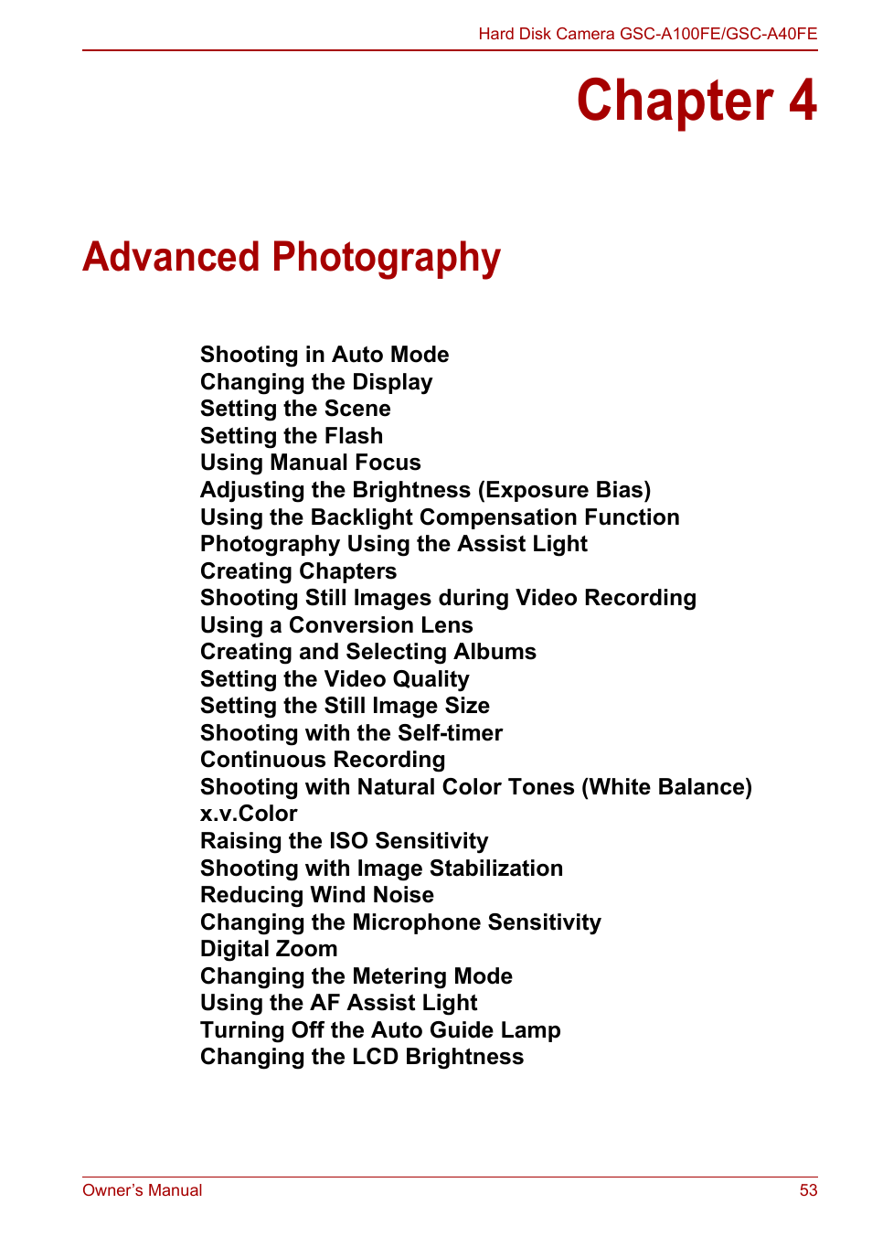 Chapter 4 - advanced photography, Chapter 4, Advanced photography | Toshiba Gigashot A Series User Manual | Page 75 / 184