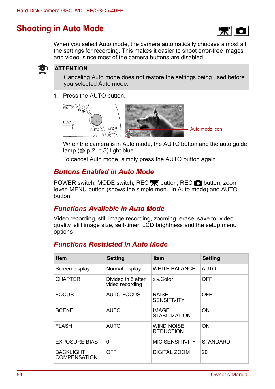 Shooting in auto mode, P.54), P.54 | Buttons enabled in auto mode, Functions available in auto mode, Functions restricted in auto mode | Toshiba Gigashot A Series User Manual | Page 76 / 184