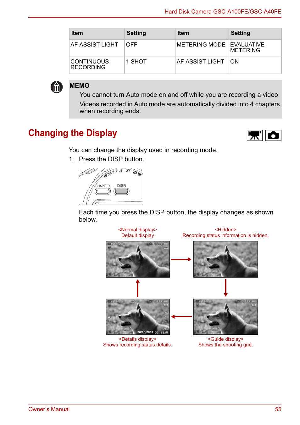 Changing the display, P.55, P.55) | Toshiba Gigashot A Series User Manual | Page 77 / 184