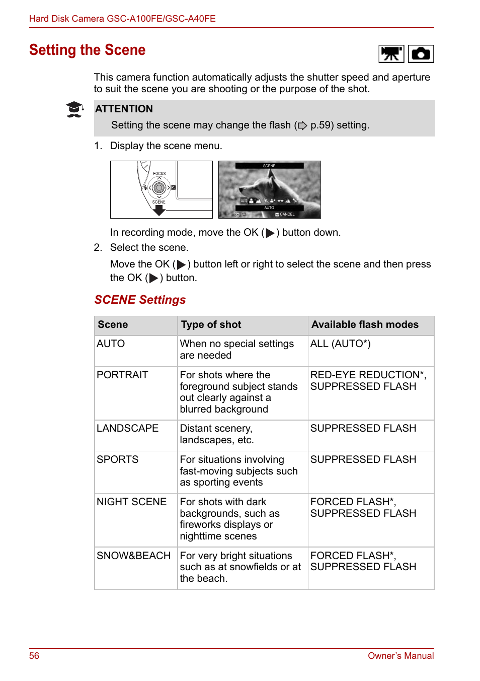 Setting the scene, P.56), P.56 | Scene settings | Toshiba Gigashot A Series User Manual | Page 78 / 184