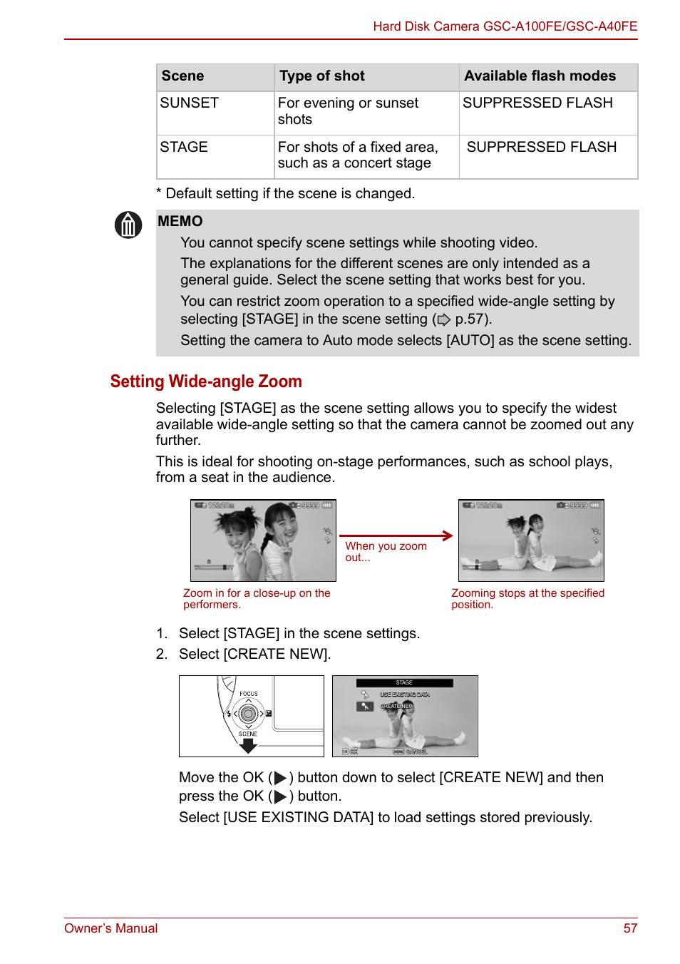 P.57), Setting wide-angle zoom, Default setting if the scene is changed | Toshiba Gigashot A Series User Manual | Page 79 / 184