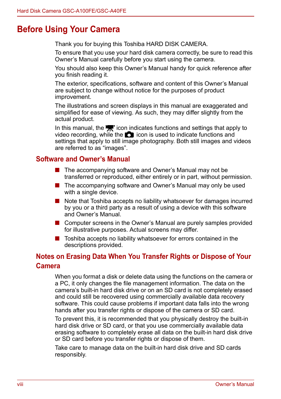 Before using your camera, Software and owner’s manual | Toshiba Gigashot A Series User Manual | Page 8 / 184