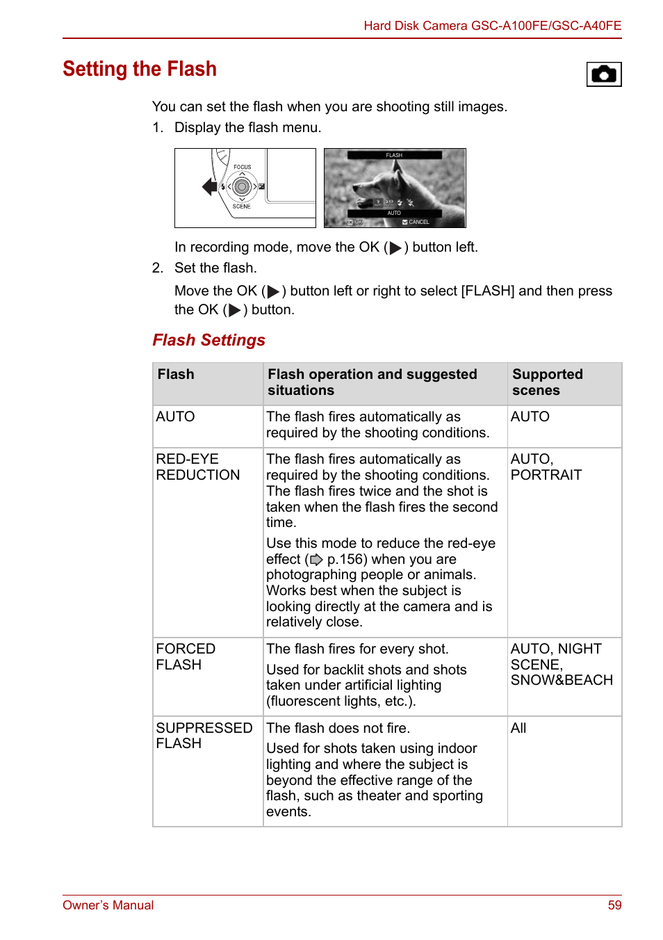Setting the flash, P.59), P.59 | Flash settings | Toshiba Gigashot A Series User Manual | Page 81 / 184