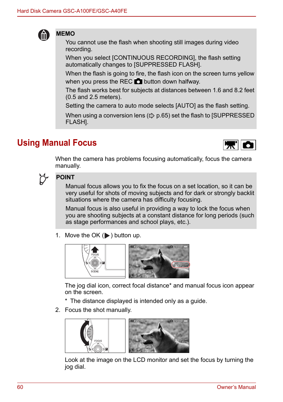 Using manual focus, P.60), P.60 | Toshiba Gigashot A Series User Manual | Page 82 / 184