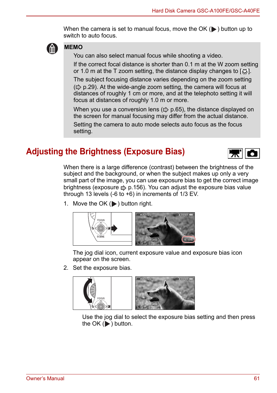 Adjusting the brightness (exposure bias), P.61), P.61 | Toshiba Gigashot A Series User Manual | Page 83 / 184