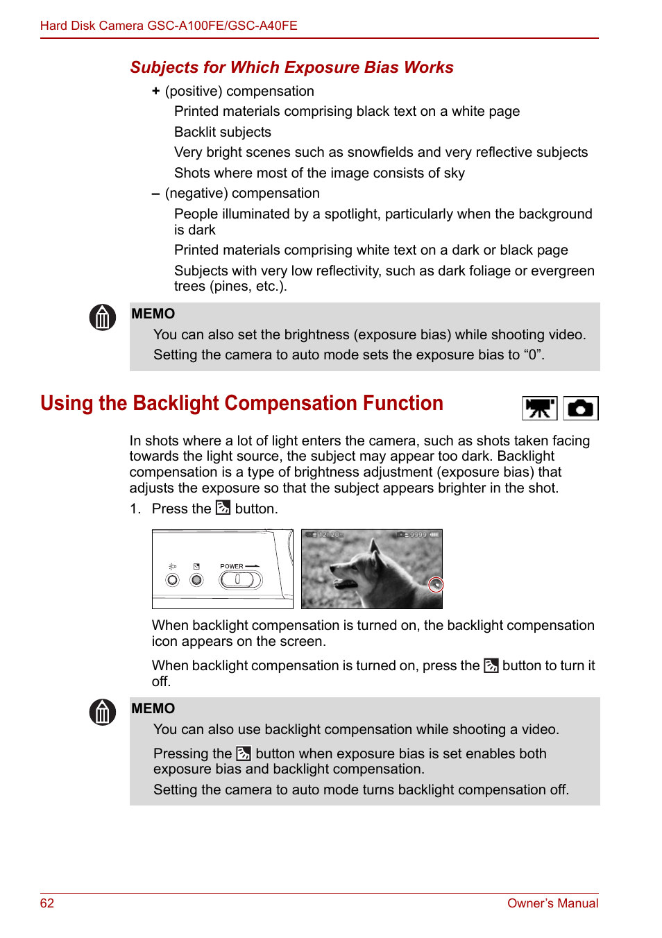 Using the backlight compensation function, P.62), P.62 | Toshiba Gigashot A Series User Manual | Page 84 / 184