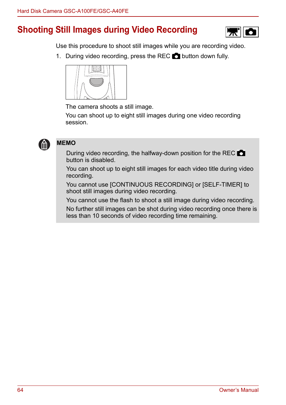 Shooting still images during video recording | Toshiba Gigashot A Series User Manual | Page 86 / 184