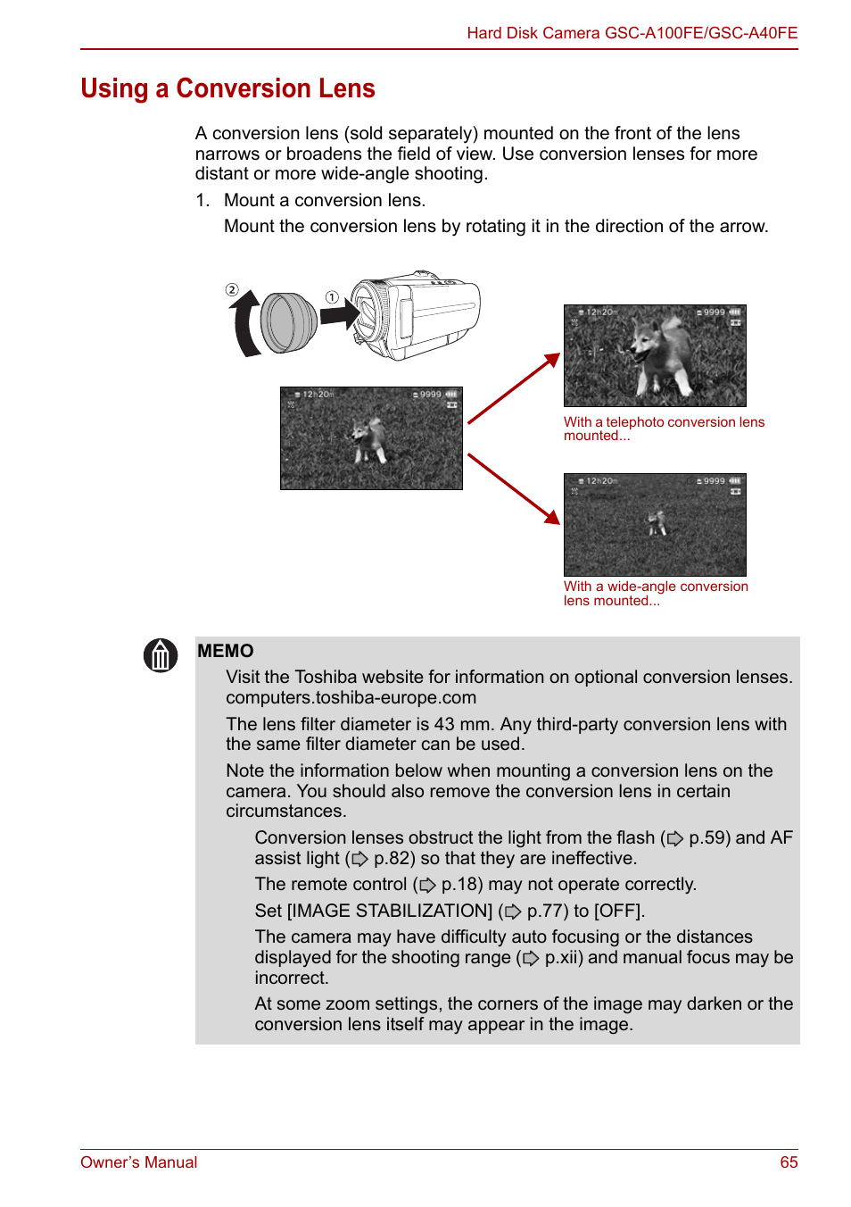 Using a conversion lens | Toshiba Gigashot A Series User Manual | Page 87 / 184