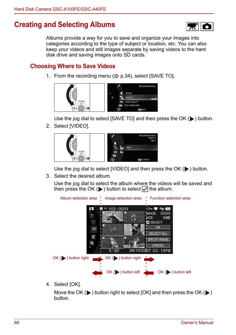 Creating and selecting albums, Choosing where to save videos | Toshiba Gigashot A Series User Manual | Page 88 / 184