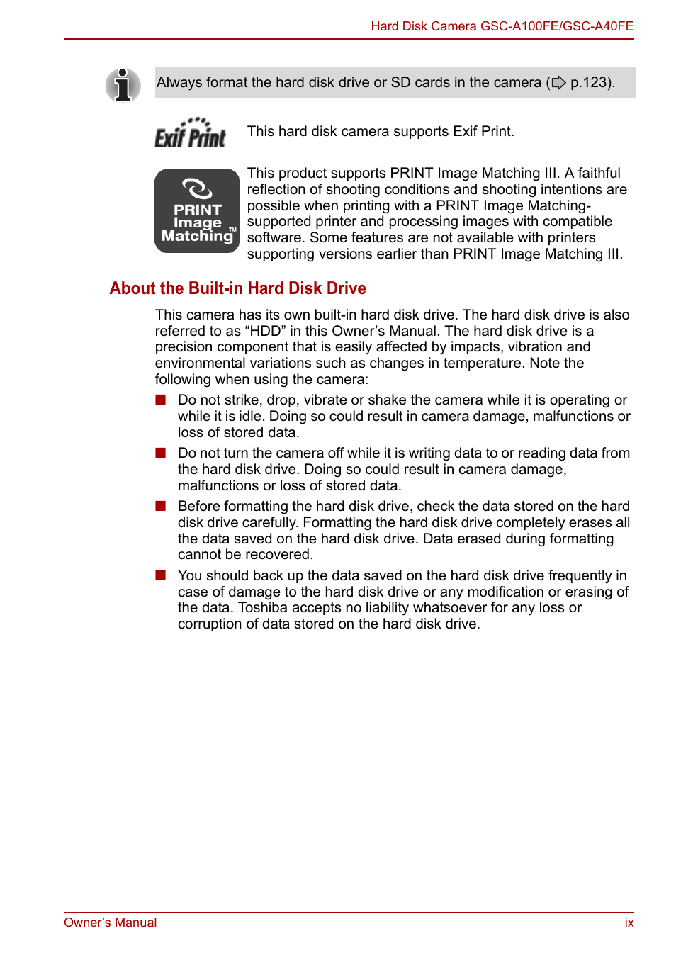 About the built-in hard disk drive | Toshiba Gigashot A Series User Manual | Page 9 / 184