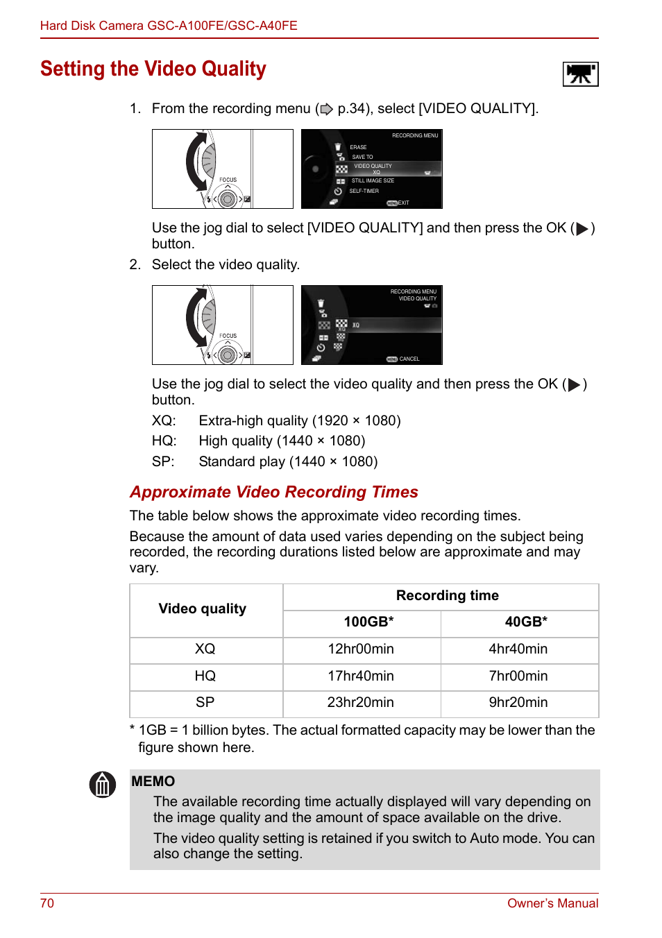 Setting the video quality, P.70, P.70) | Approximate video recording times | Toshiba Gigashot A Series User Manual | Page 92 / 184