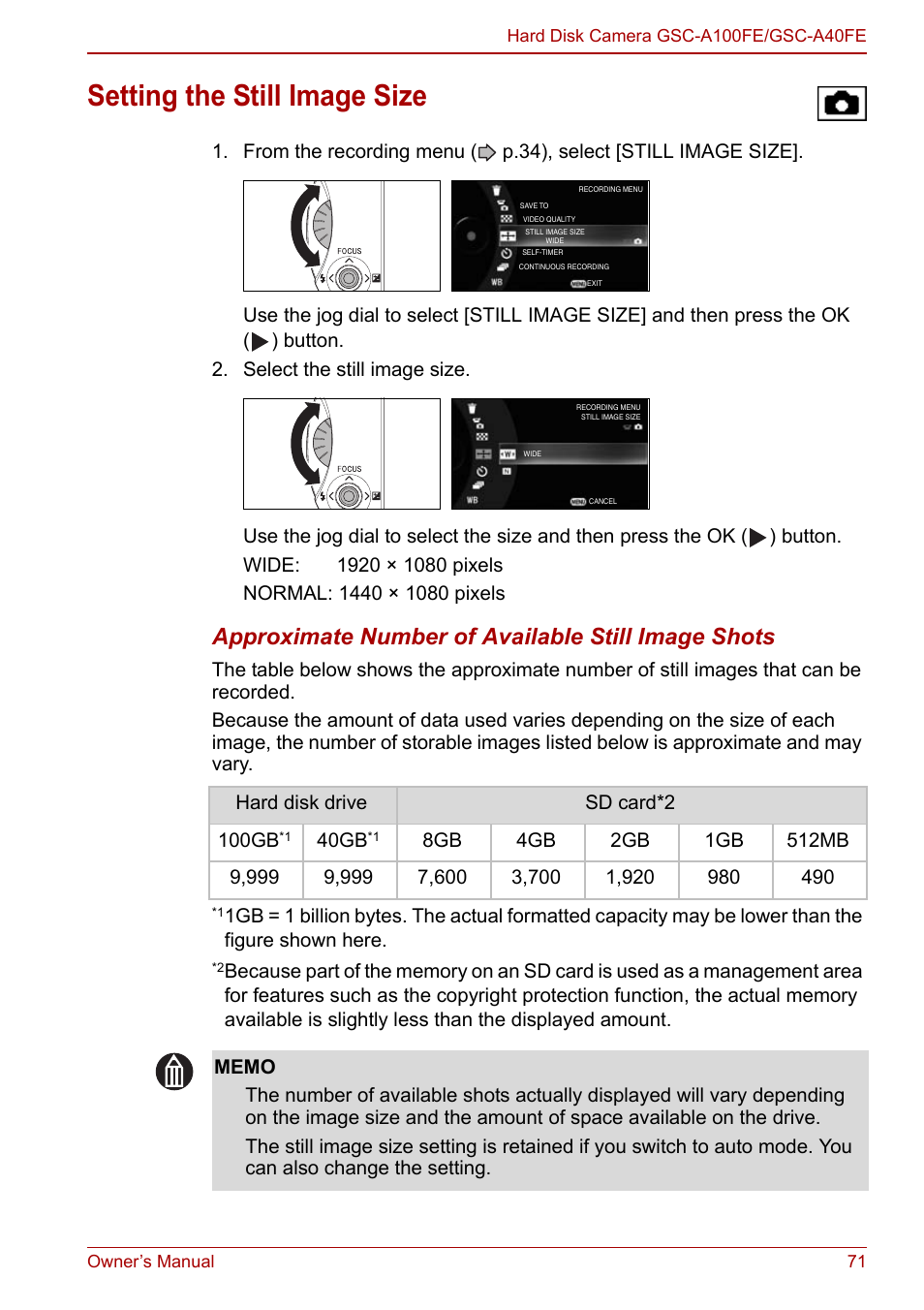 Setting the still image size, P.71, P.71) | Approximate number of available still image shots | Toshiba Gigashot A Series User Manual | Page 93 / 184