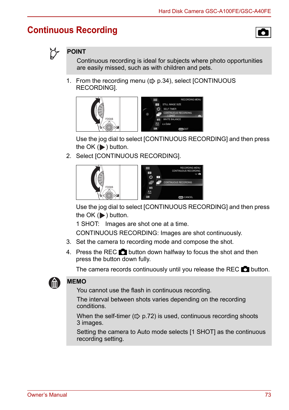 Continuous recording, P.73) | Toshiba Gigashot A Series User Manual | Page 95 / 184
