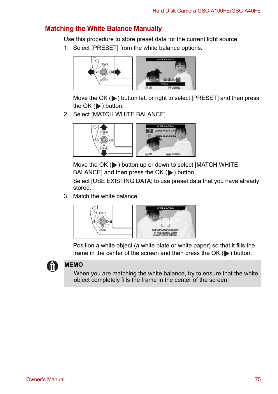 Matching the white balance manually | Toshiba Gigashot A Series User Manual | Page 97 / 184