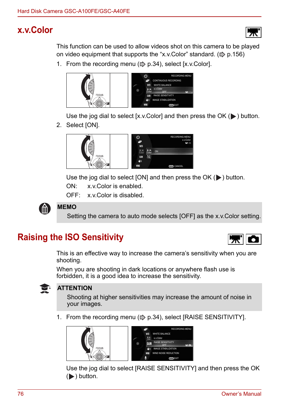 X.v.color, Raising the iso sensitivity, X.v.color raising the iso sensitivity | P.76 | Toshiba Gigashot A Series User Manual | Page 98 / 184