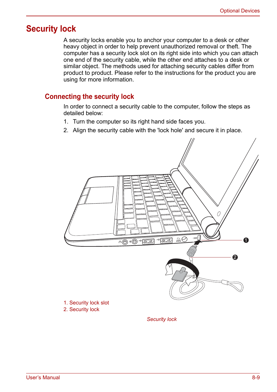 Security lock, Security lock -9, Connecting the security lock | Toshiba NB300 User Manual | Page 104 / 149