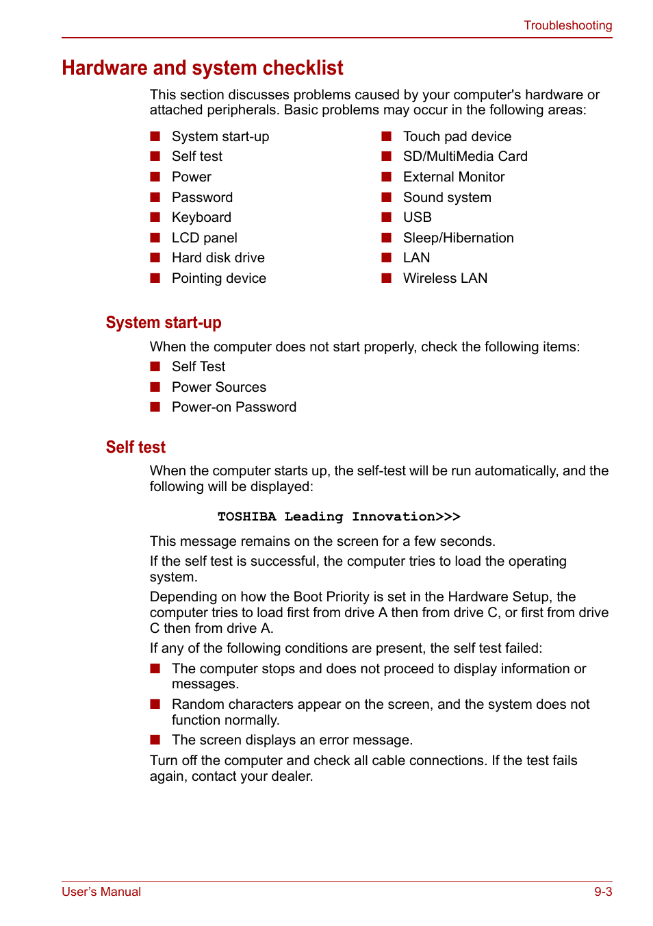 Hardware and system checklist, Hardware and system checklist -3, System start-up | Self test | Toshiba NB300 User Manual | Page 107 / 149